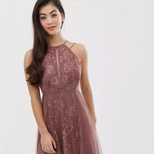 ASOS petite embroidered double-strap midi dress - size US 0 (X-small)